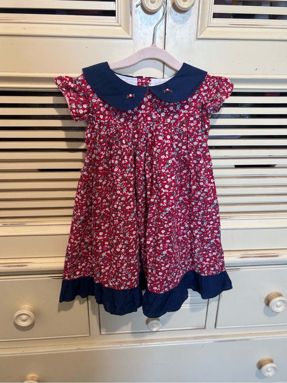 Girls Red Floral Dress with Navy Peter Pan Collar